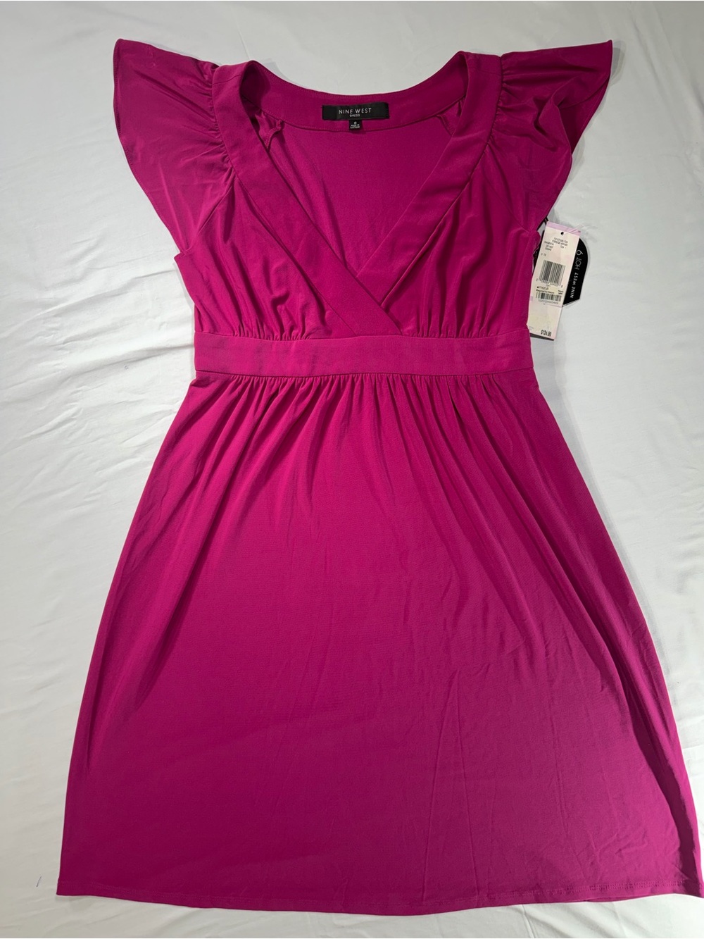 Nine West Fuchsia Faux-Wrap Midi Dress with Flutter Sleeves